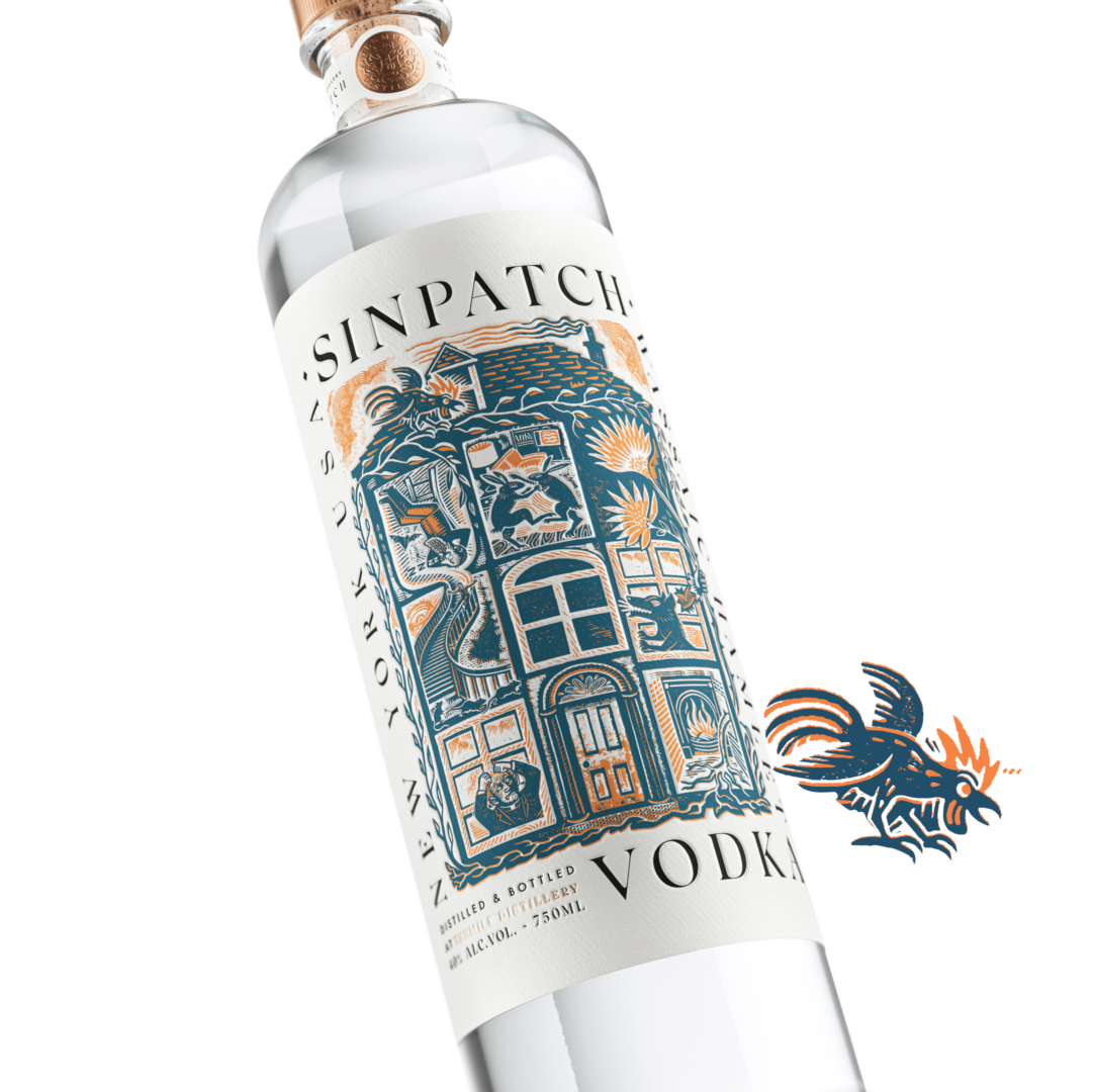 Sinpatch Vodka Bottled clear liquid labeled,