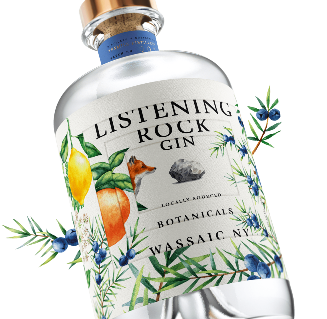 Listening Rock Gin Bottled clear liquid labeled,