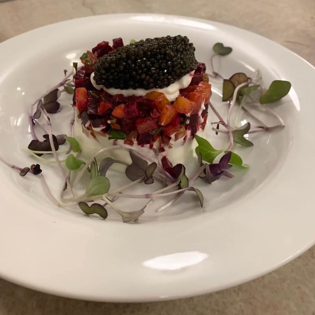 Black River Caviar Served with Beet Root Tartare at Tenmile Distillery