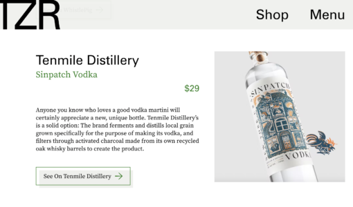 Screenshot of Zoe Report Gift Guide featuring Sinpatch Vodka