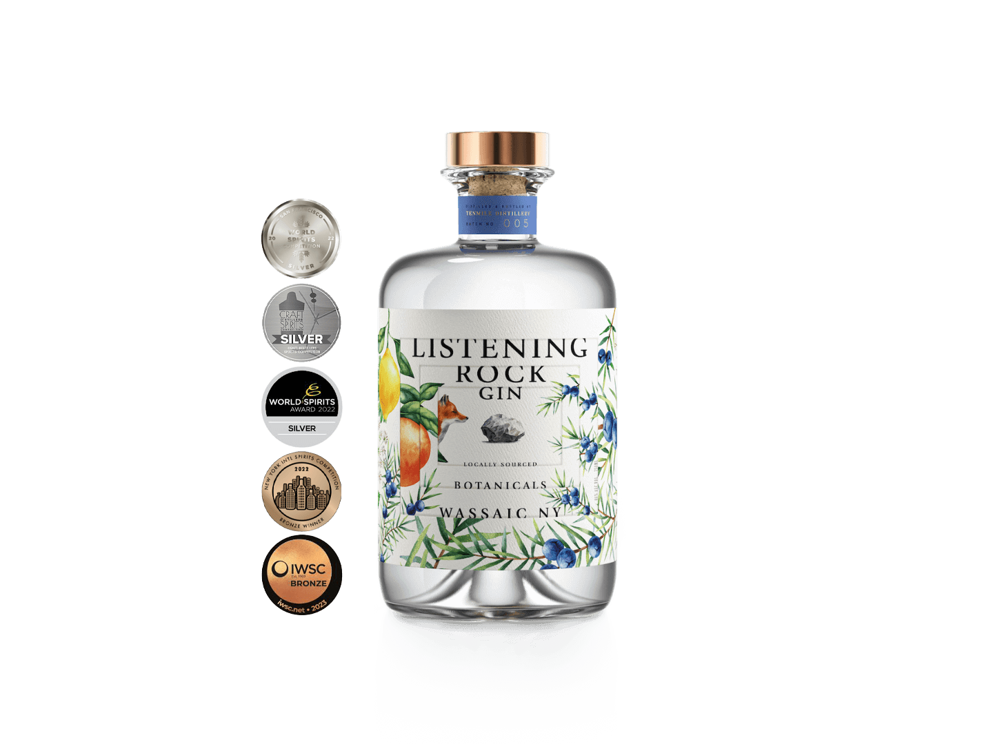 Bottle rendering of Listening Rock Gin with award emblems listed next to it