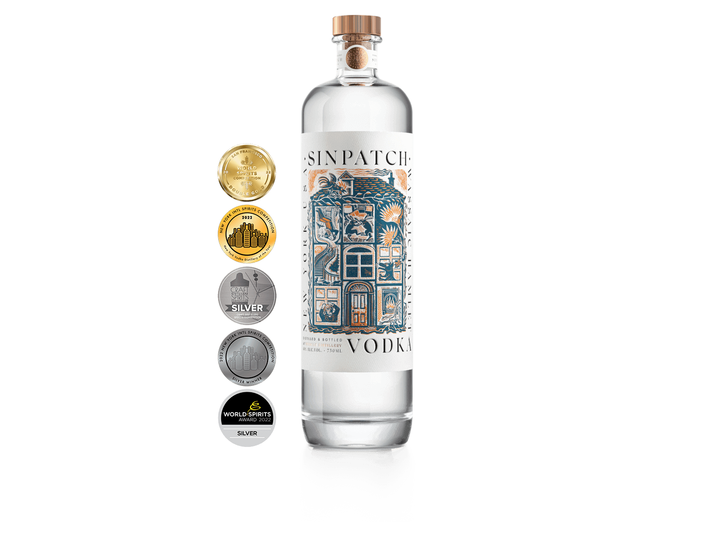 Bottle rendering of Sinpatch Vodka with award emblems listed next to it