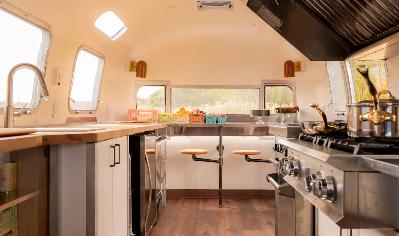 the interior of a renovated airstream food truck