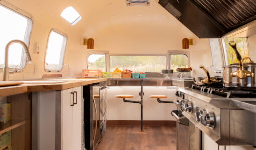 the interior of a renovated airstream food truck